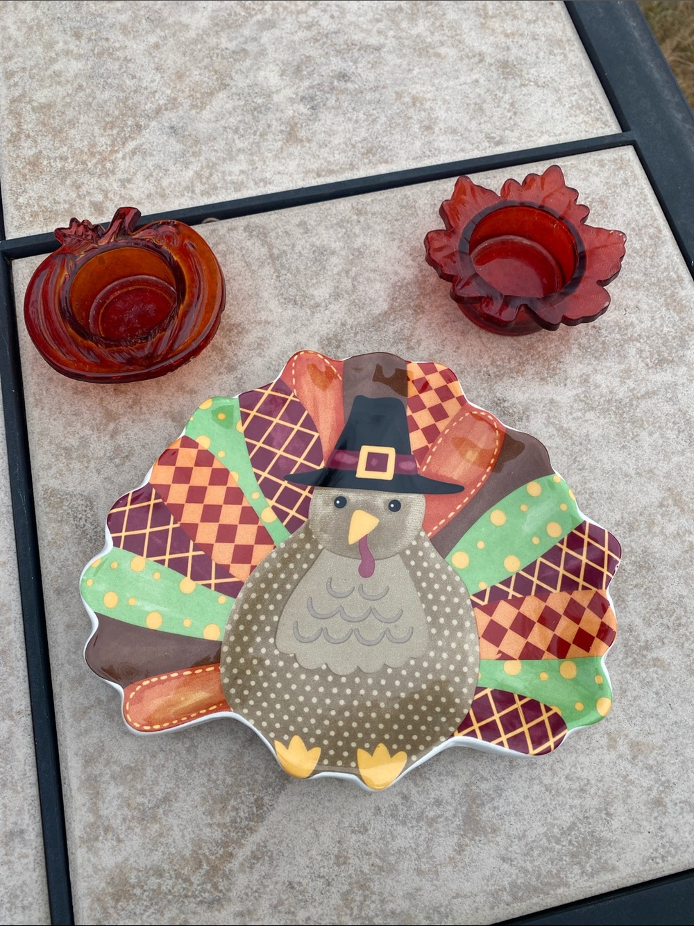 Thanksgiving Turkey Plate and Autumn Glass Tealight Holders